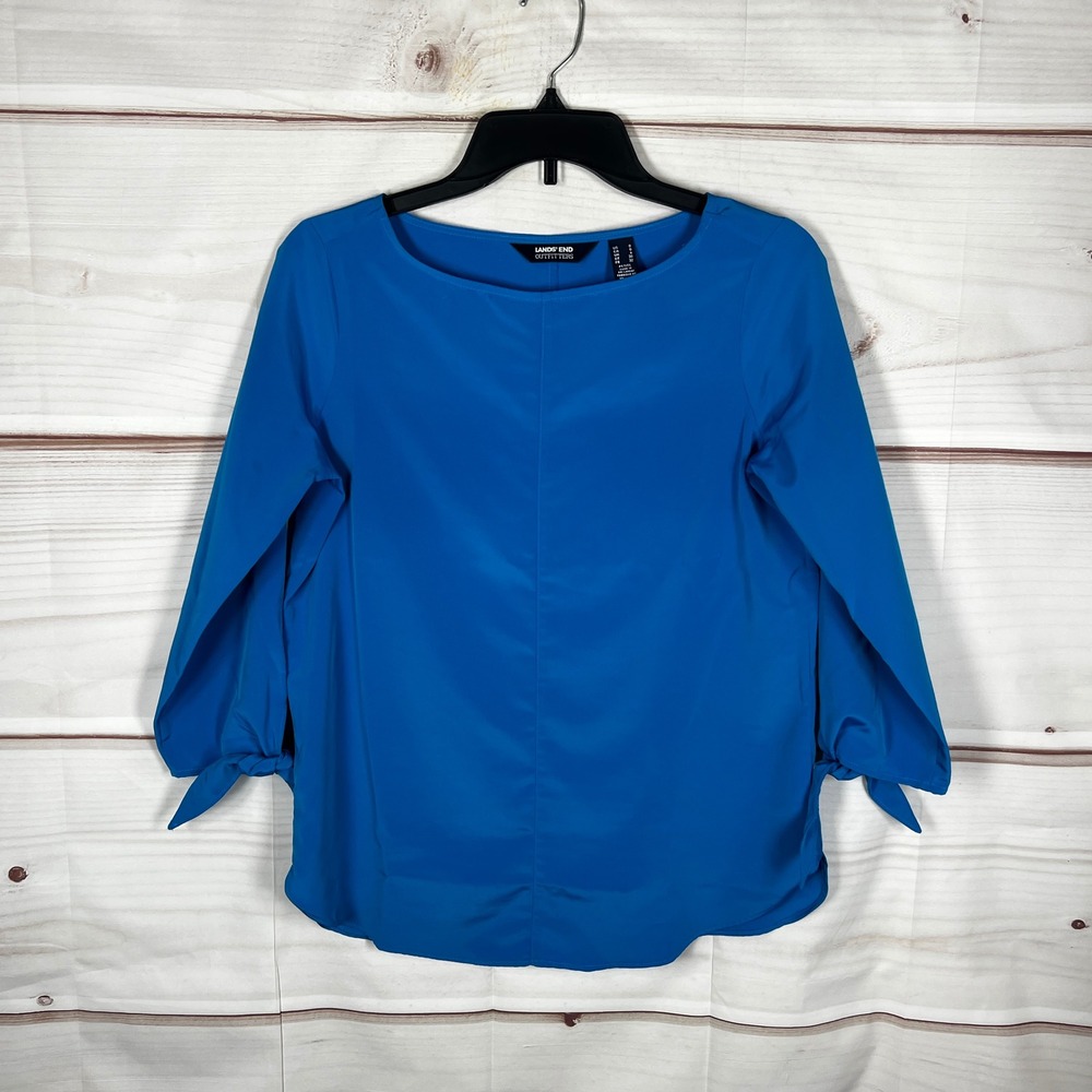 Lands End Tie Sleeve‎ Blouse Womens 0P Blue Solid Boatneck Top Woven Pullover